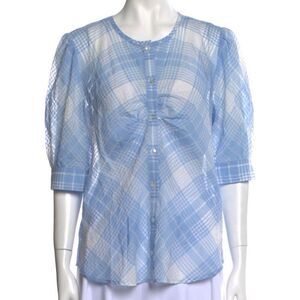 NWOT Veronica Beard Light Blue Plaid Short Puffed Sleeve Blouse Retail $325